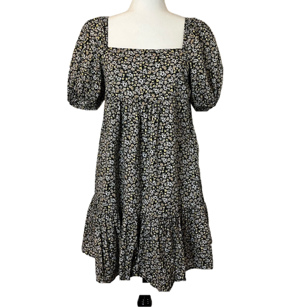 Square Neck Puff Sleeve Floral Midi Dress - Black